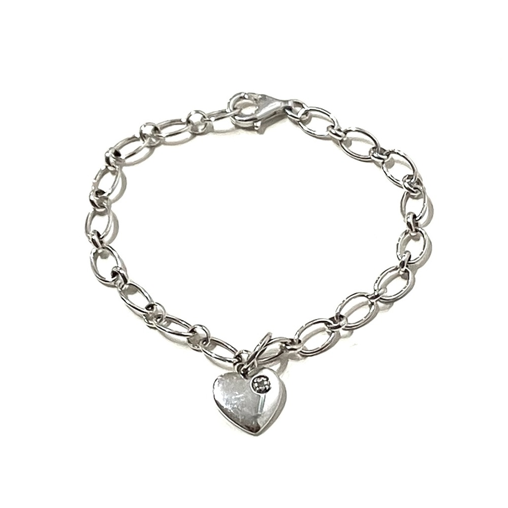 Sterling Silver 925 Link Bracelet Diamond Heart Charm 6”